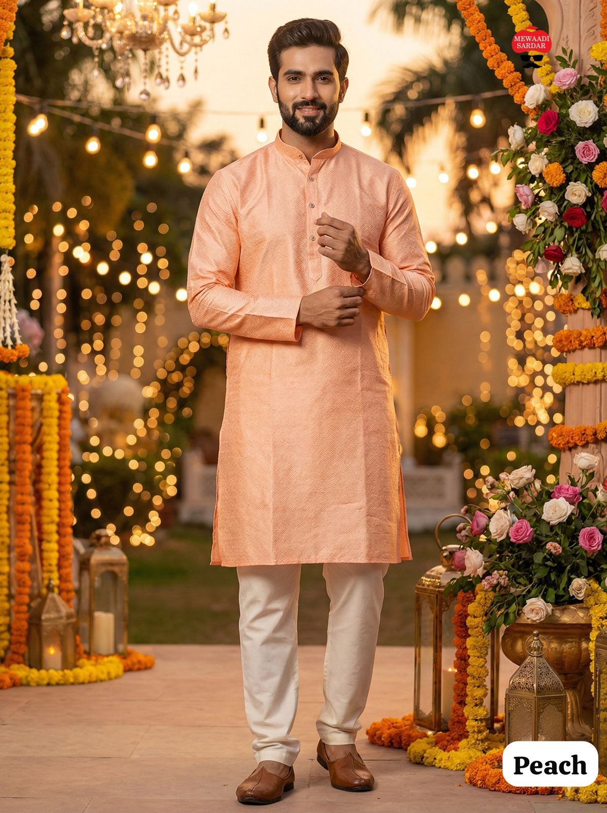 Men's Jacquard Kurta Pyjama Set - Peach