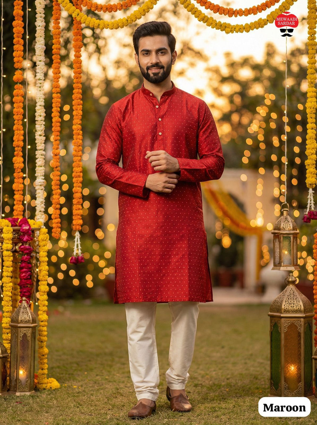 Men's Jacquard Kurta Pyjama Set - Maroon