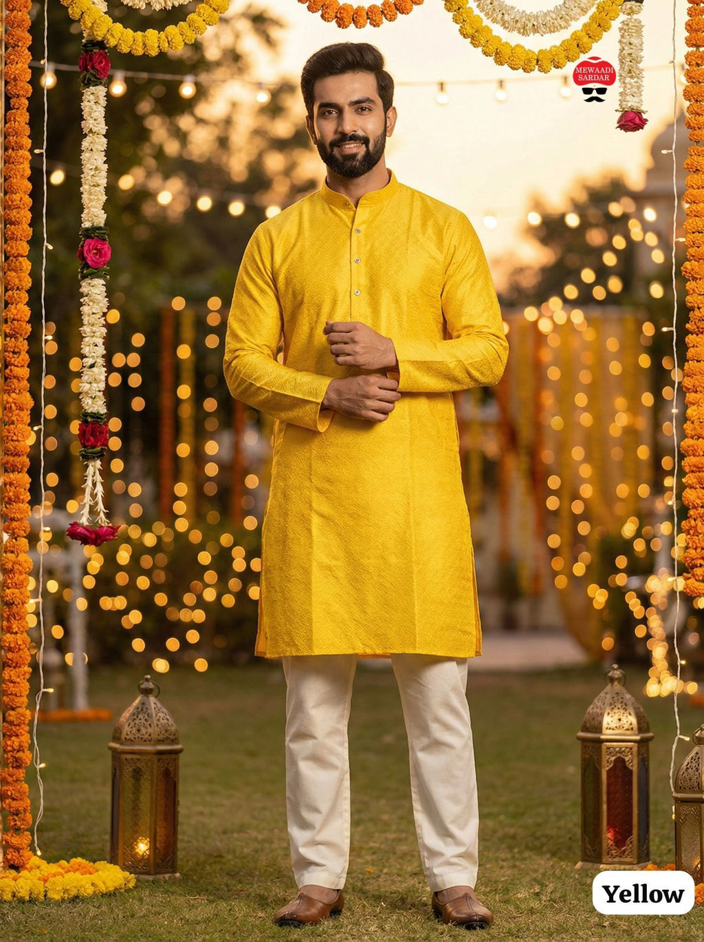 Men's Jacquard Kurta Pyjama Set - Yellow