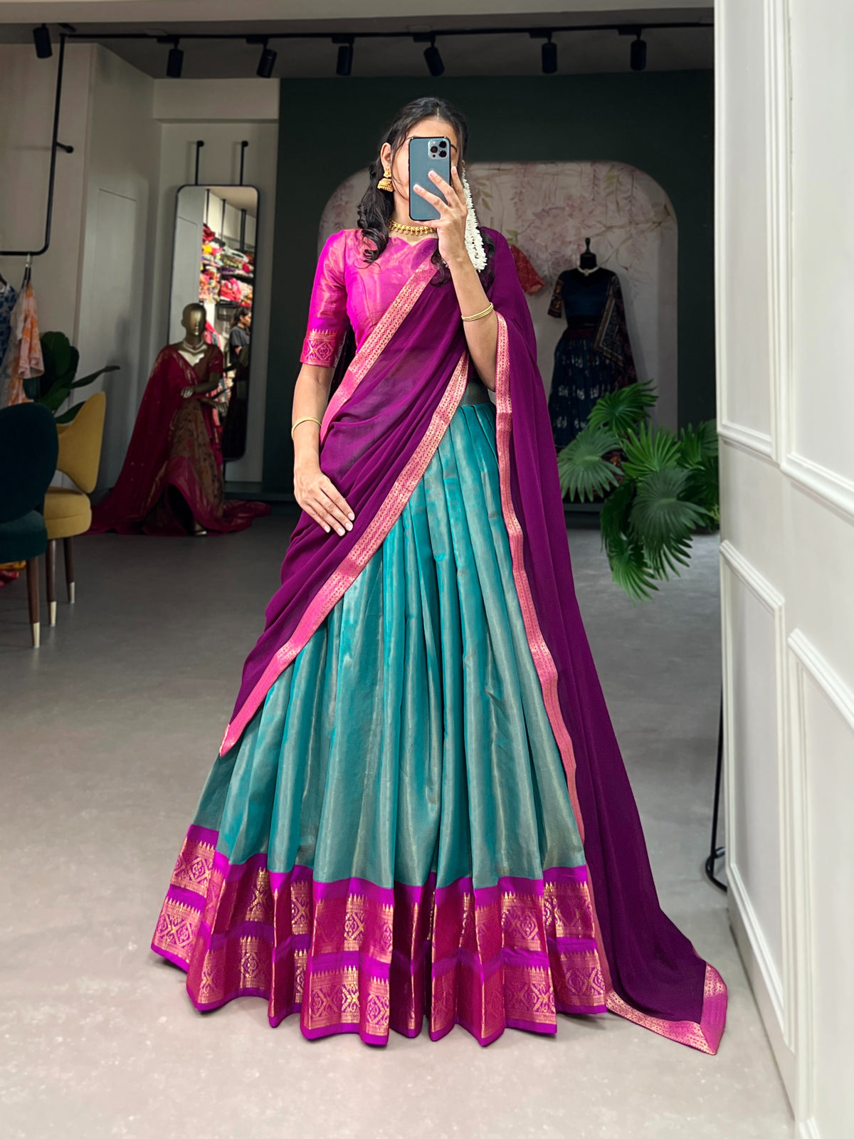 Tissue Kanjivaram Lehenga Set – Turquoise & Pink