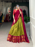 Tissue Kanjivaram Lehenga Set – Lime Green & Red