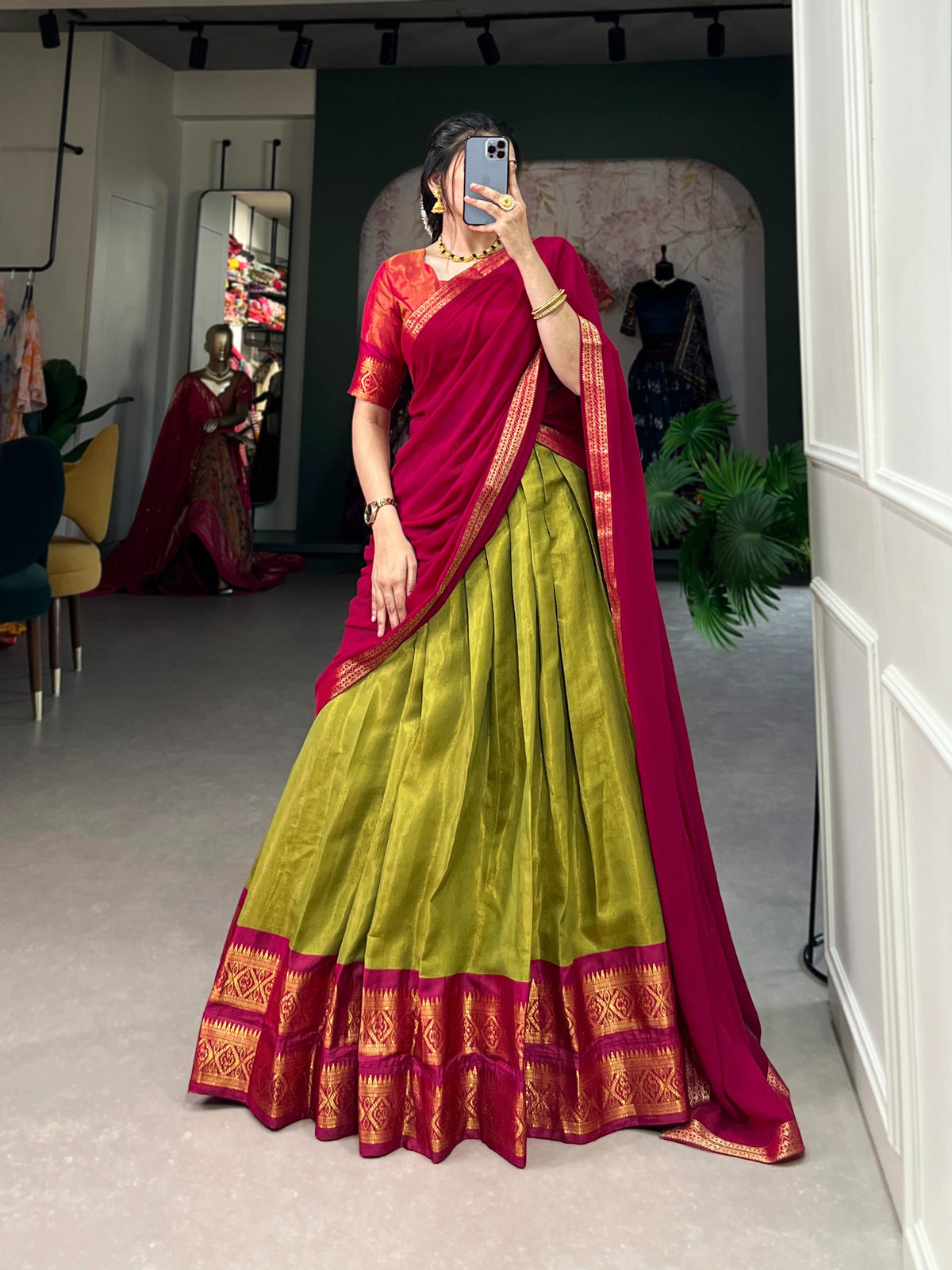 Tissue Kanjivaram Lehenga Set – Lime Green & Red