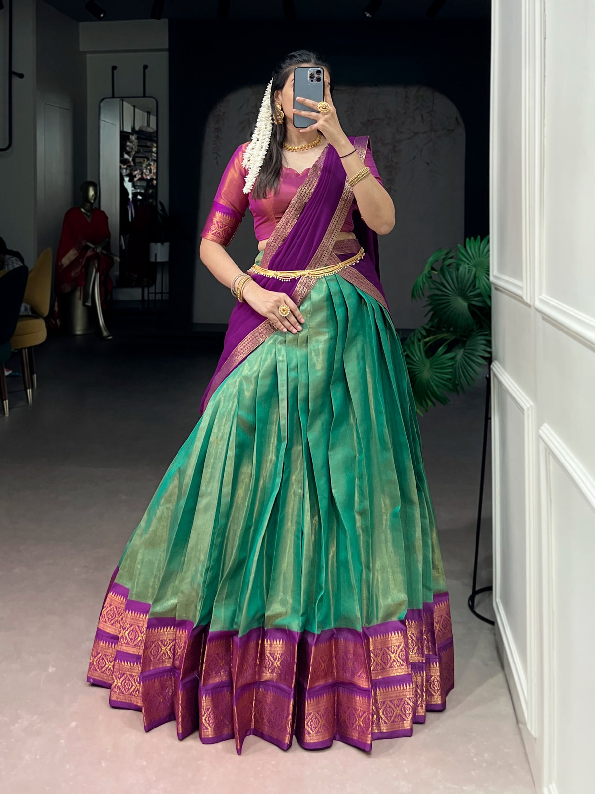 Tissue Kanjivaram Lehenga Set – Jade Green & Purple Pink