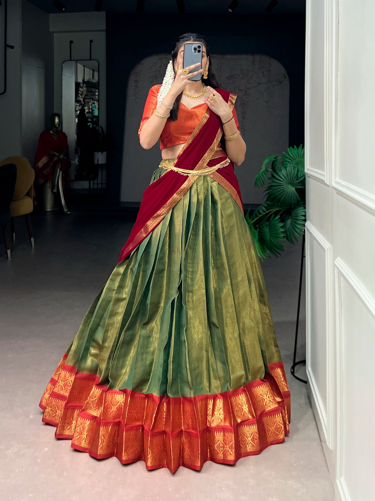 Tissue Kanjivaram Lehenga Set – Teal & Royal Blue