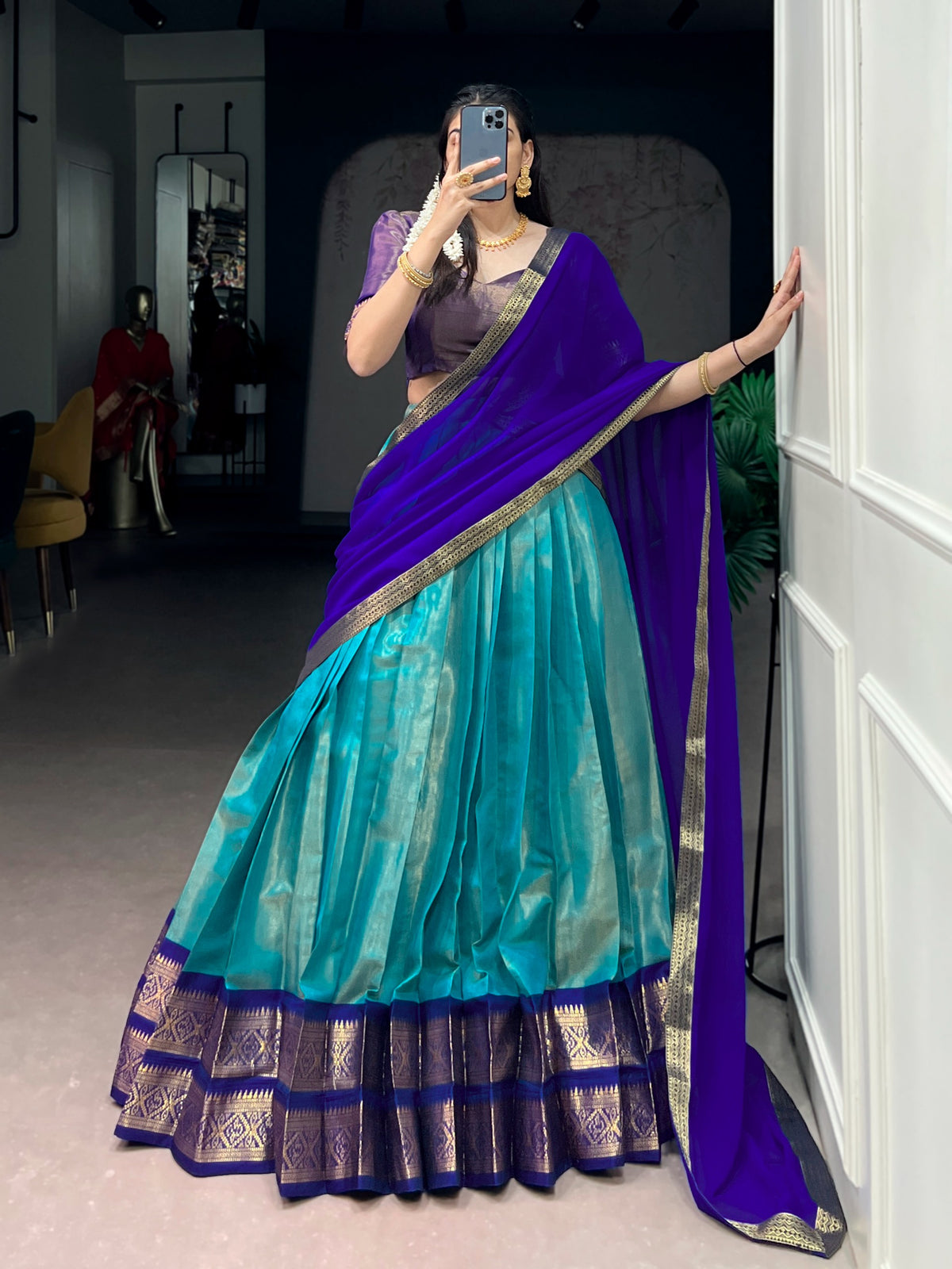 Tissue Kanjivaram Lehenga Set – Turquoise & Blue