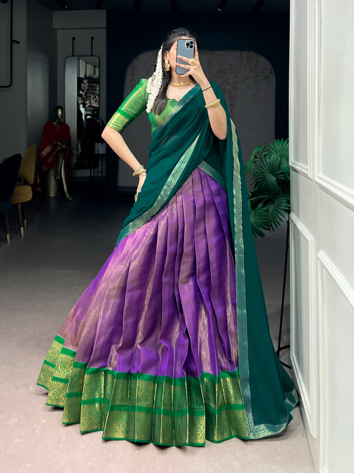 Tissue Kanjivaram Lehenga Set – Olive Green & Maroon