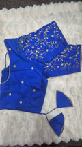 Royal blue silver floral vine embroidery saree blouse - showing full sleeve covered in delicate silver white vine embroidery