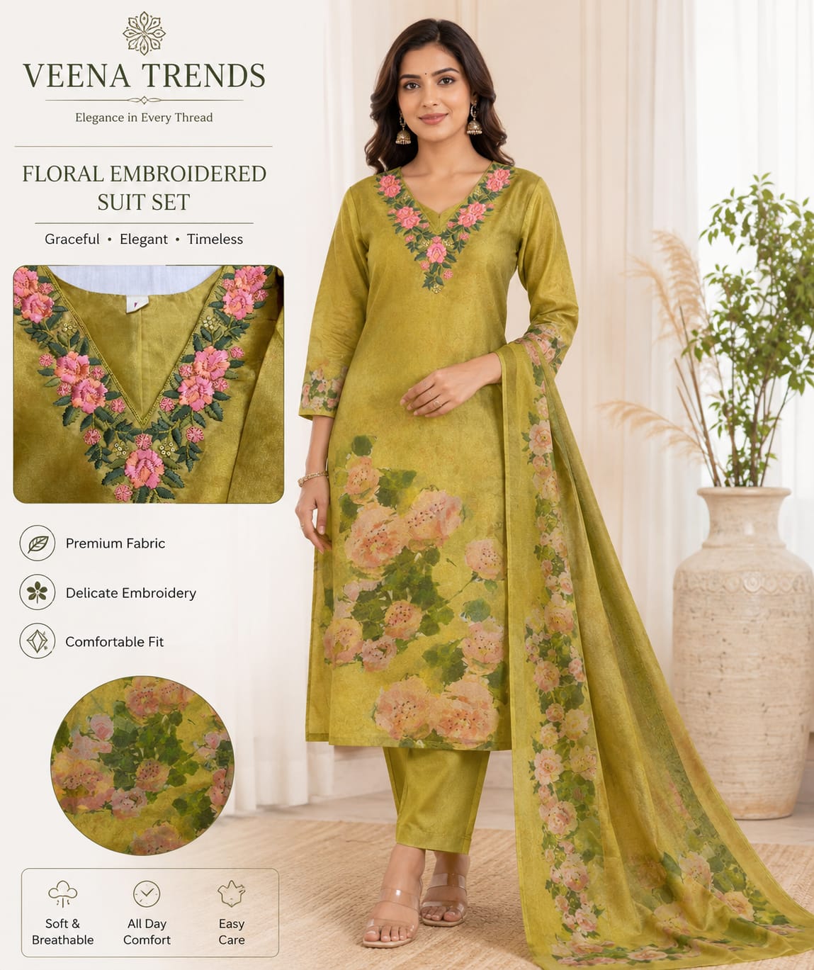 Floral Embroidered Suit Set - Olive Green