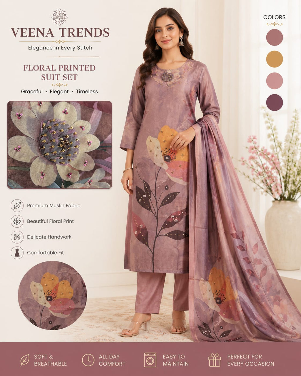 Floral Printed Suit Set - Mauve