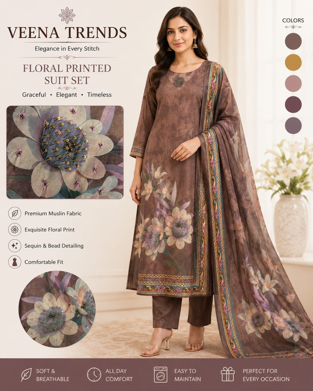 Floral Printed Suit Set - Brown