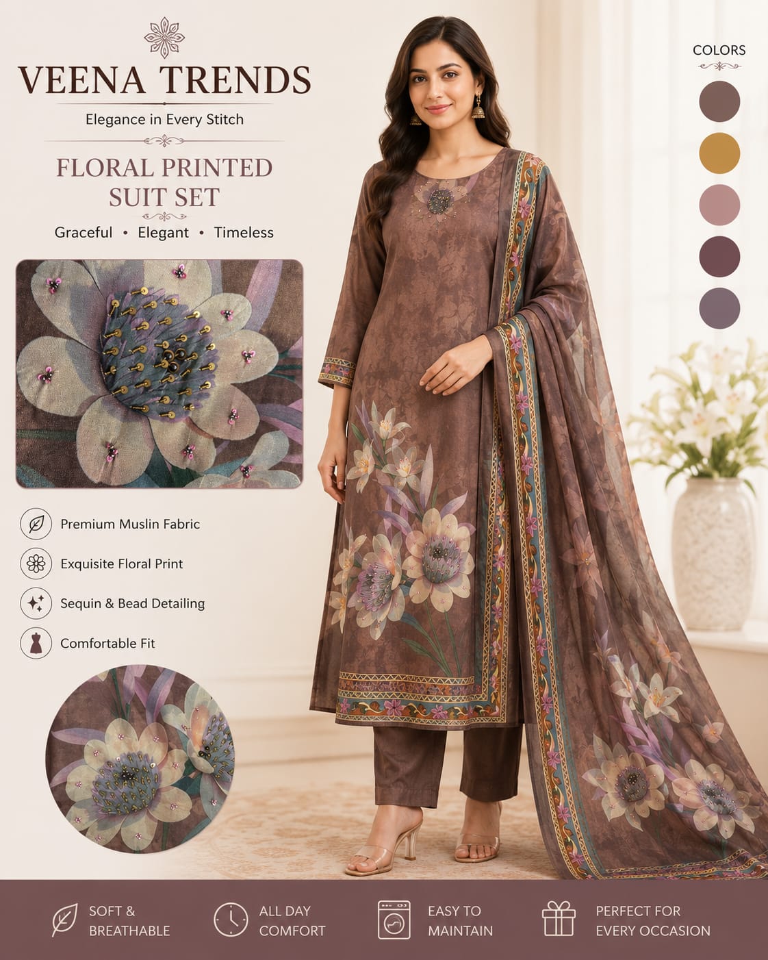 Floral Printed Suit Set - Brown