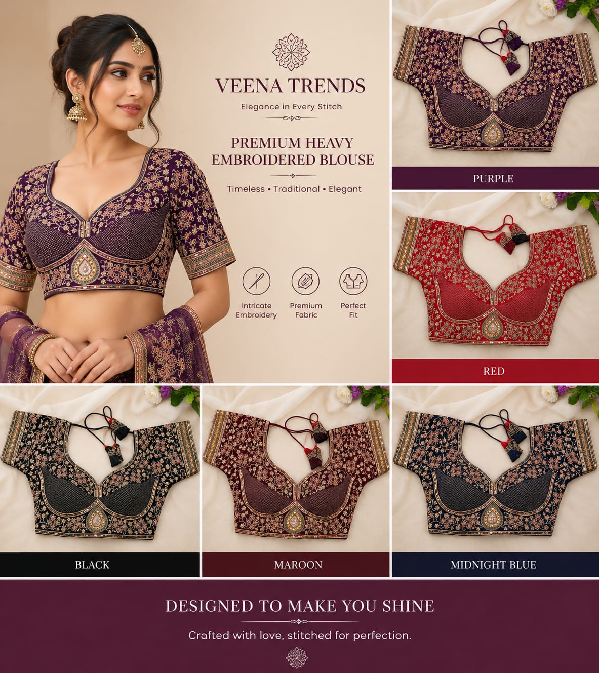 Premium Heavy Embroidered Blouse - Midnight Blue