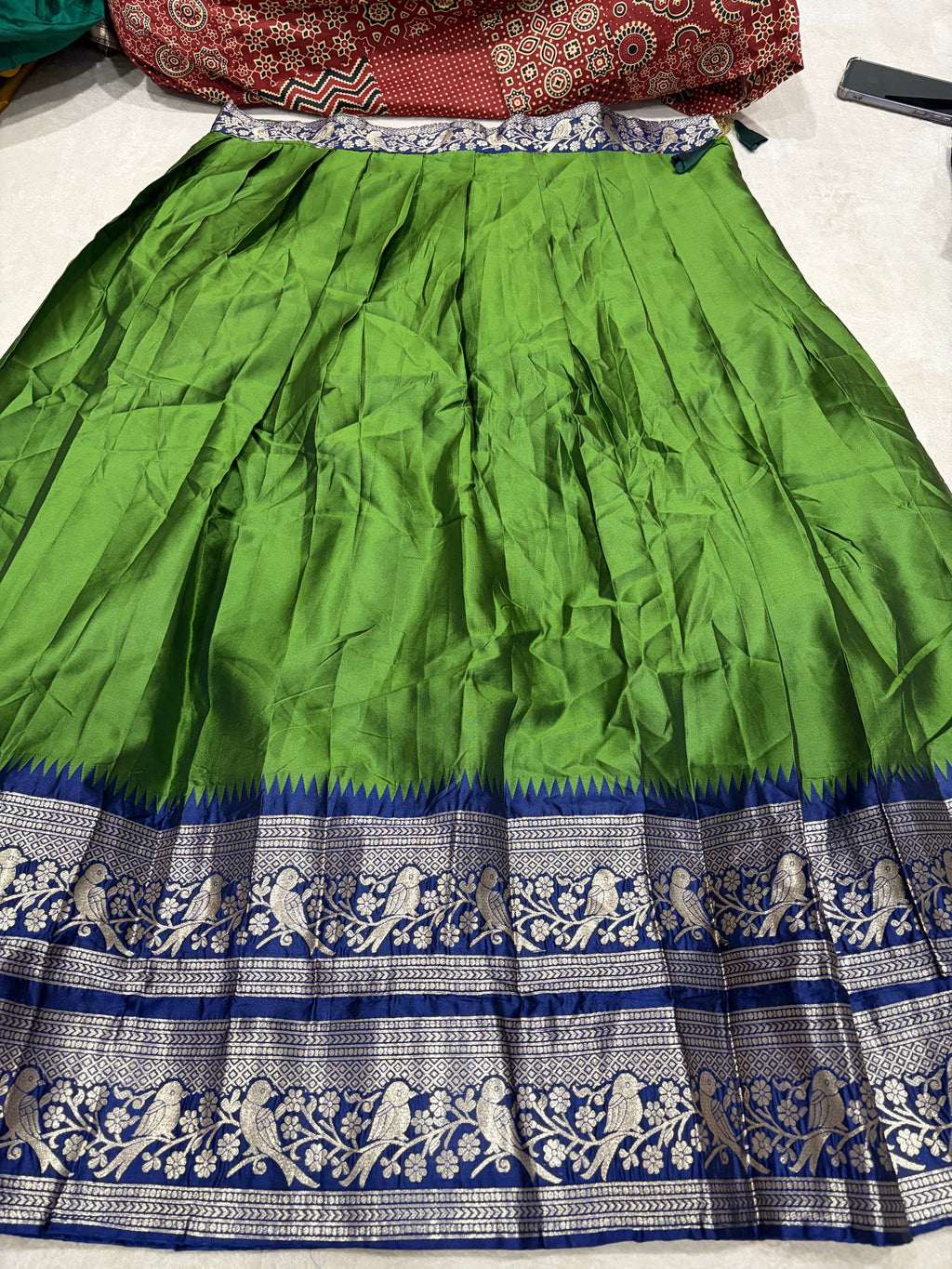 Parrot Green Kanchi Cotton Silk Lehenga - Parrot Zari Border Close Up