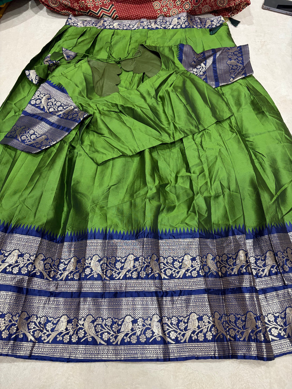 Parrot Green Kanchi Cotton Silk Lehenga Set with Blouse - Flat Lay