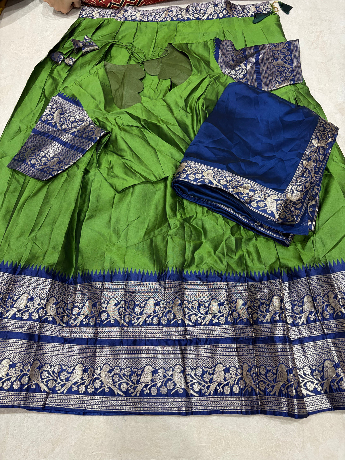 Parrot Green Kanchi Cotton Silk Lehenga Set with Blue Dupatta - Complete Set