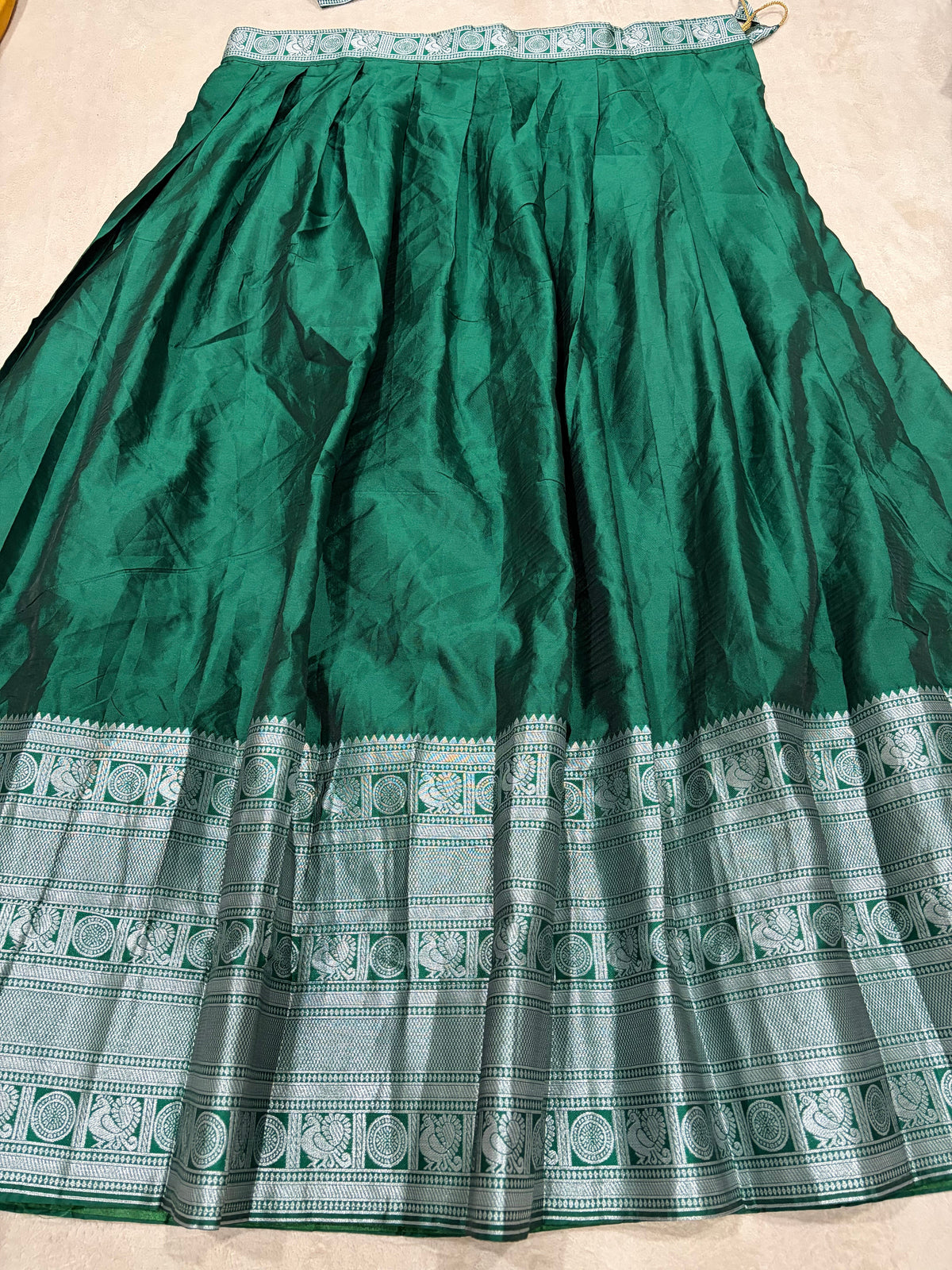 Bottle Green Kanchi Cotton Silk Lehenga - Silver Zari Border Close Up