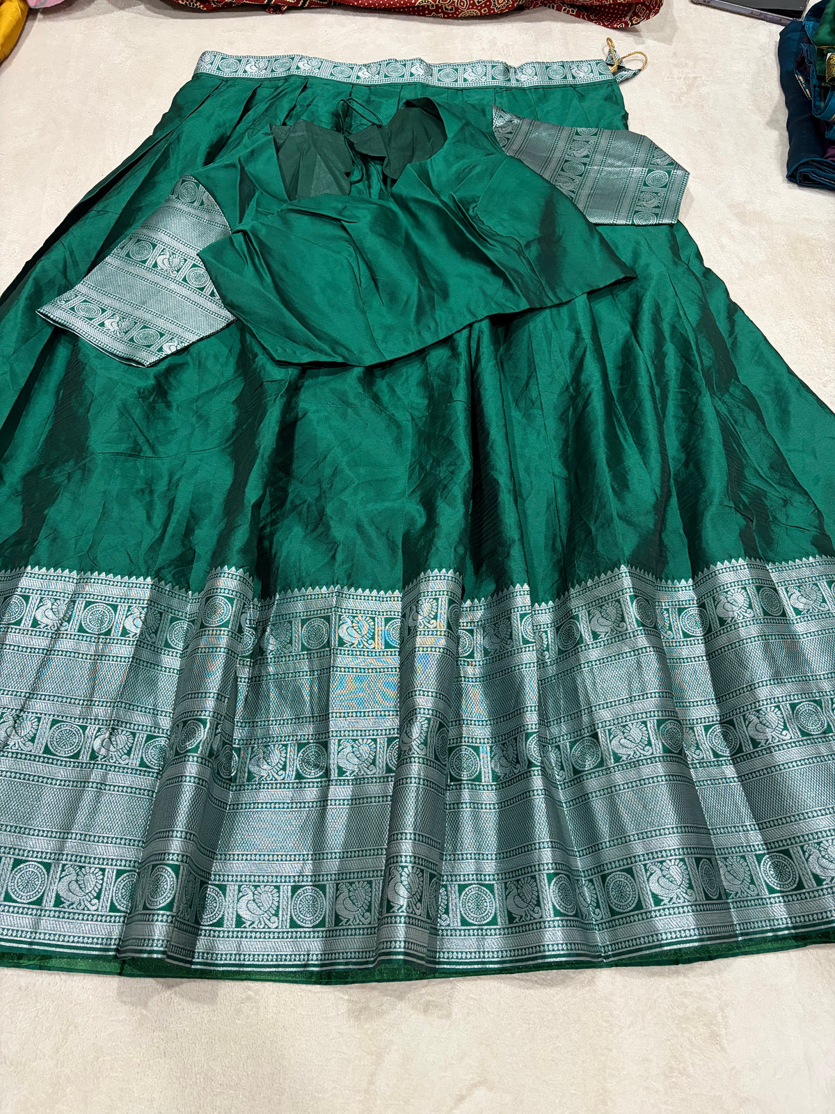 Bottle Green Kanchi Cotton Silk Lehenga Set with Blouse - Flat Lay