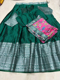 Bottle Green Kanchi Cotton Silk Lehenga Set with Pink Kalamkari Dupatta - Complete Set