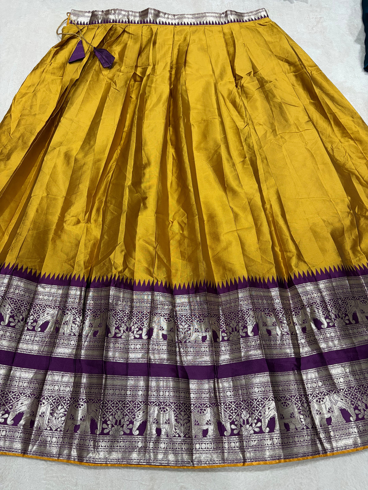 Mustard Yellow Kanchi Cotton Silk Lehenga - Purple Elephant Zari Border Close Up
