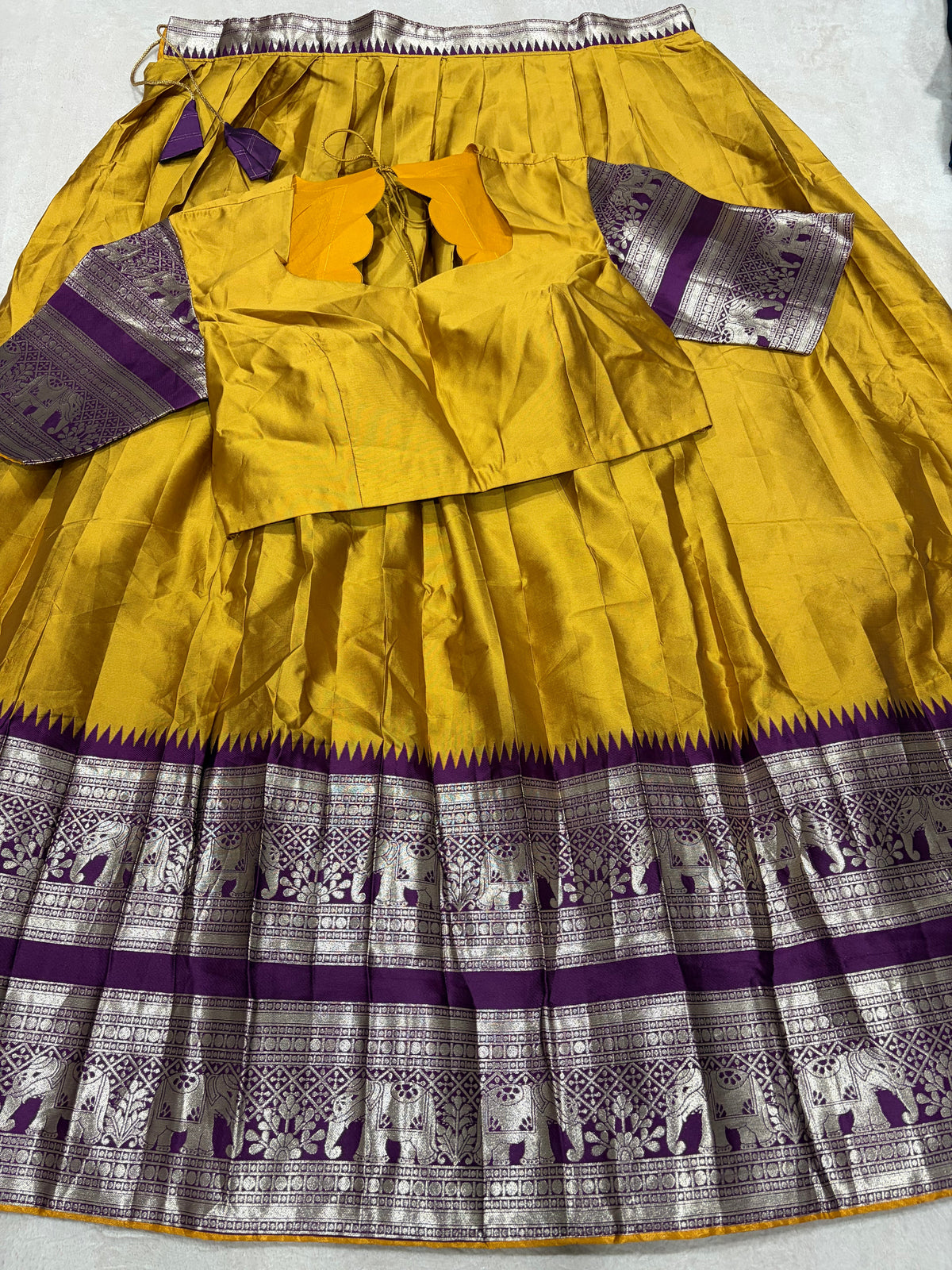 Mustard Yellow Kanchi Cotton Silk Lehenga Set with Blouse - Flat Lay