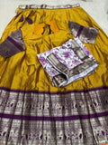 Mustard Yellow Kanchi Cotton Silk Lehenga Set with White Floral Dupatta - Complete Set