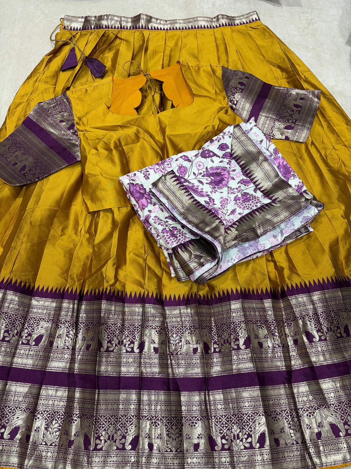 Mustard Yellow Kanchi Cotton Silk Lehenga Set with White Floral Dupatta - Complete Set