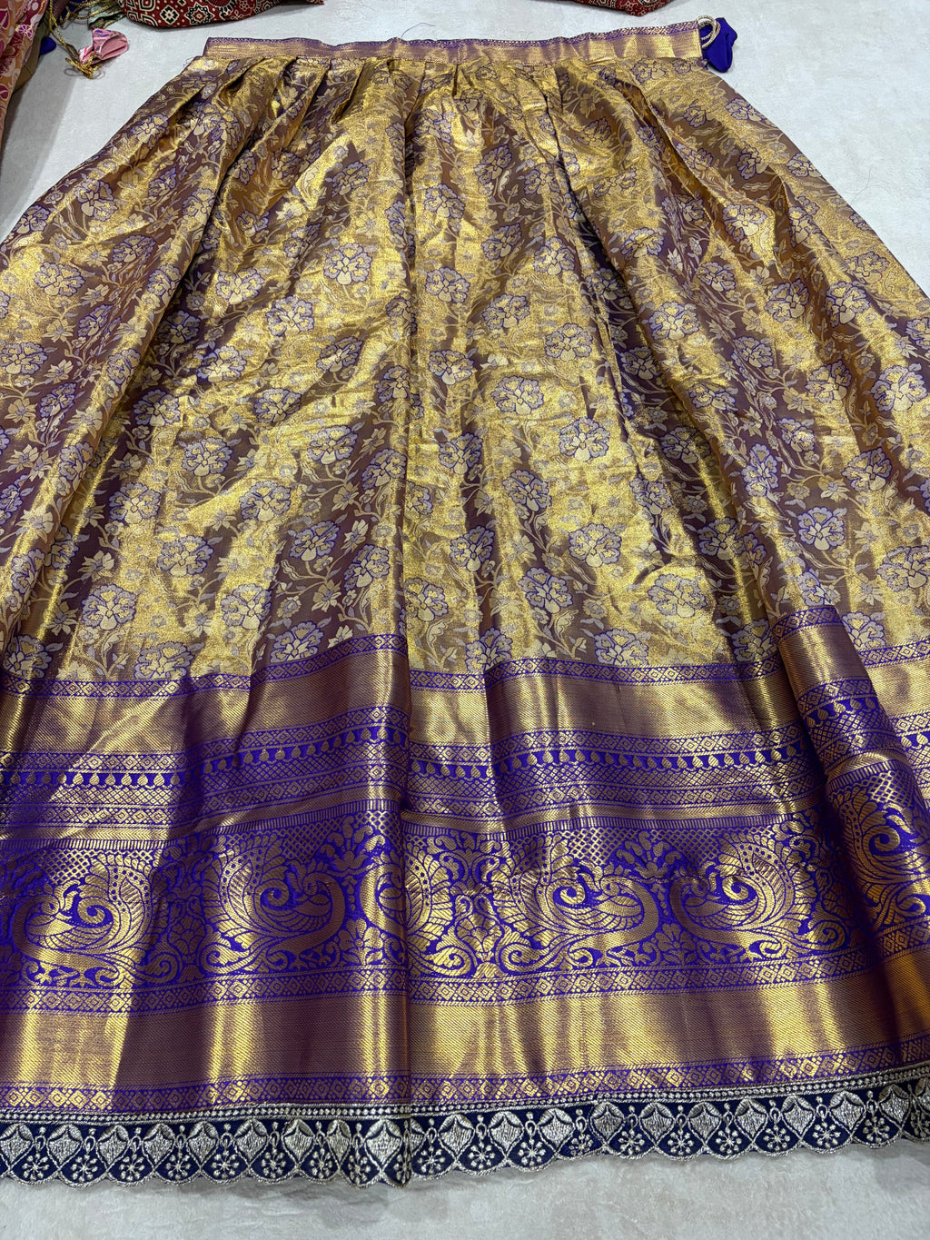 Purple Gold Semi Kanjivaram Silk Lehenga - Gold Floral Jaal Zari Weave Close Up