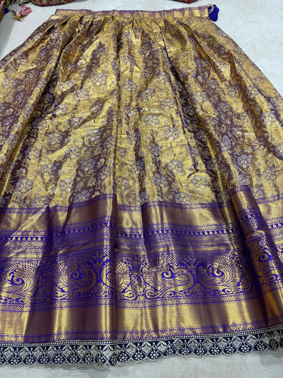 Purple Gold Semi Kanjivaram Silk Lehenga - Royal Blue Peacock Border Detail