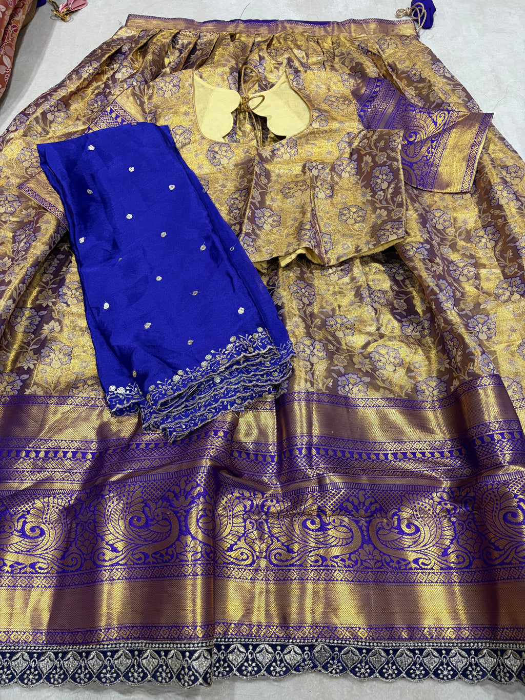 Purple Gold Semi Kanjivaram Silk Lehenga Set with Royal Blue Embroidered Dupatta - Complete Set
