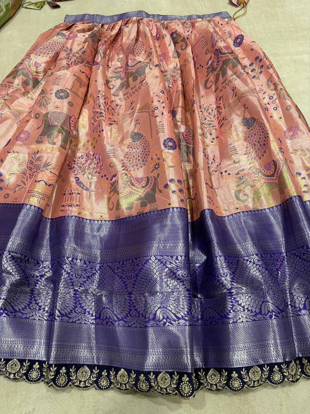 Blush Pink Semi Kanjivaram Silk Lehenga - Pichwai Elephant Peacock Zari Weave Close Up
