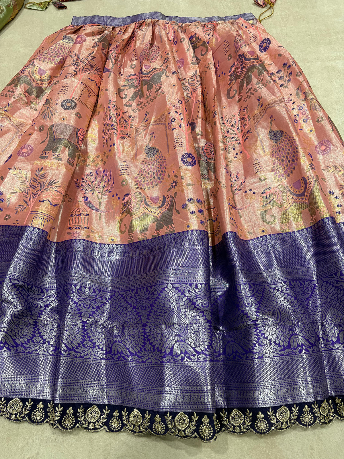 Blush Pink Semi Kanjivaram Silk Lehenga - Pichwai Elephant Peacock Zari Weave Close Up