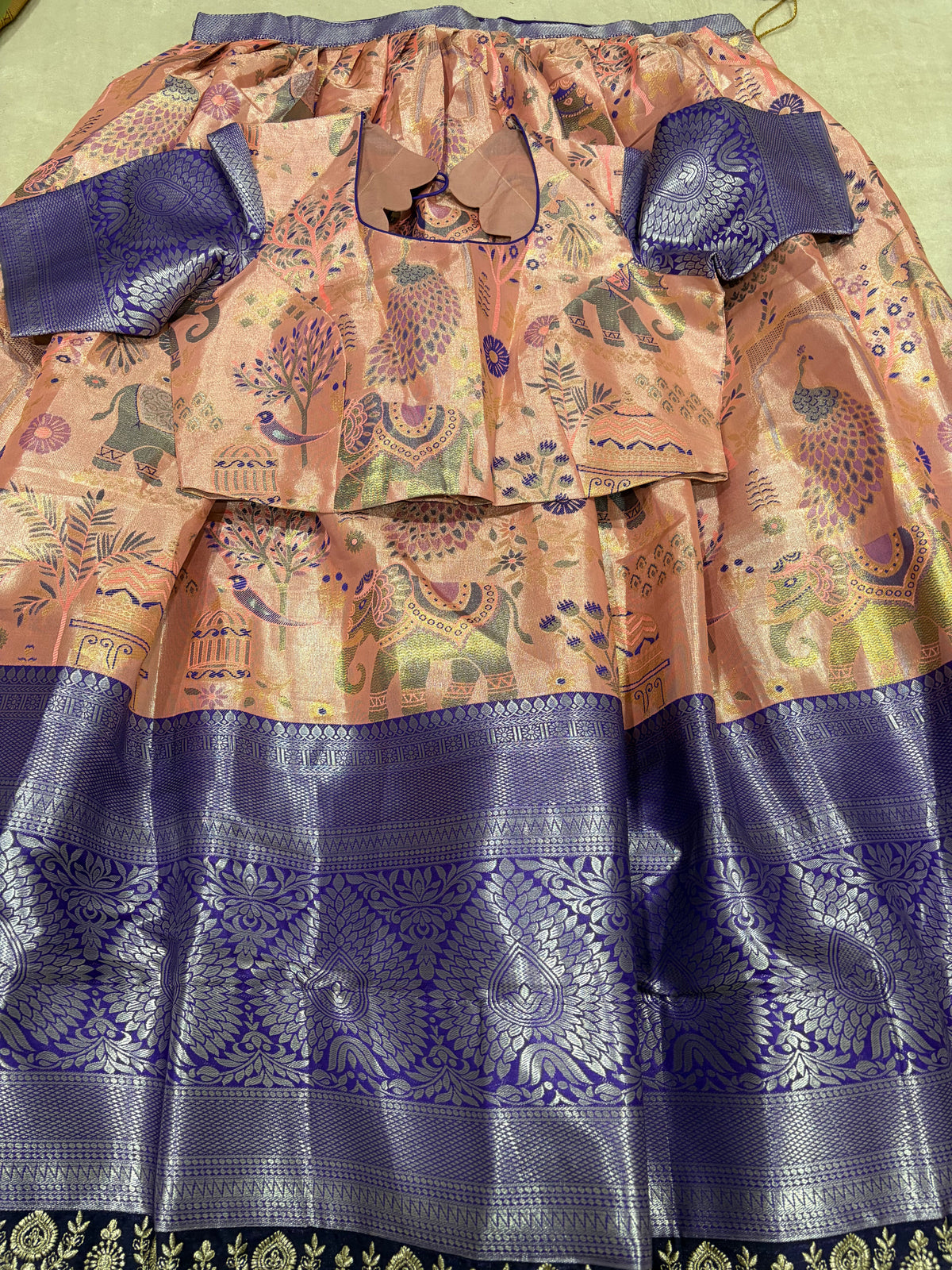 Blush Pink Semi Kanjivaram Silk Lehenga Set with Blouse - Royal Blue Border Detail