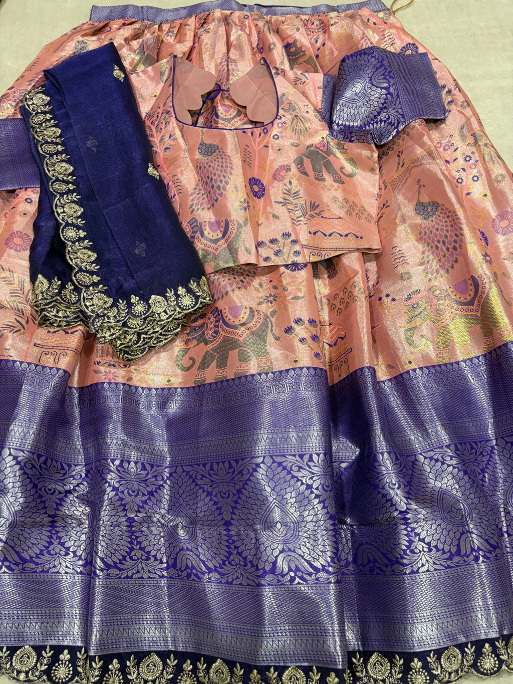 Blush Pink Semi Kanjivaram Silk Lehenga Set with Navy Blue Embroidered Dupatta - Complete Set