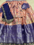 Blush Pink Semi Kanjivaram Silk Lehenga Set with Navy Blue Embroidered Dupatta - Complete Set