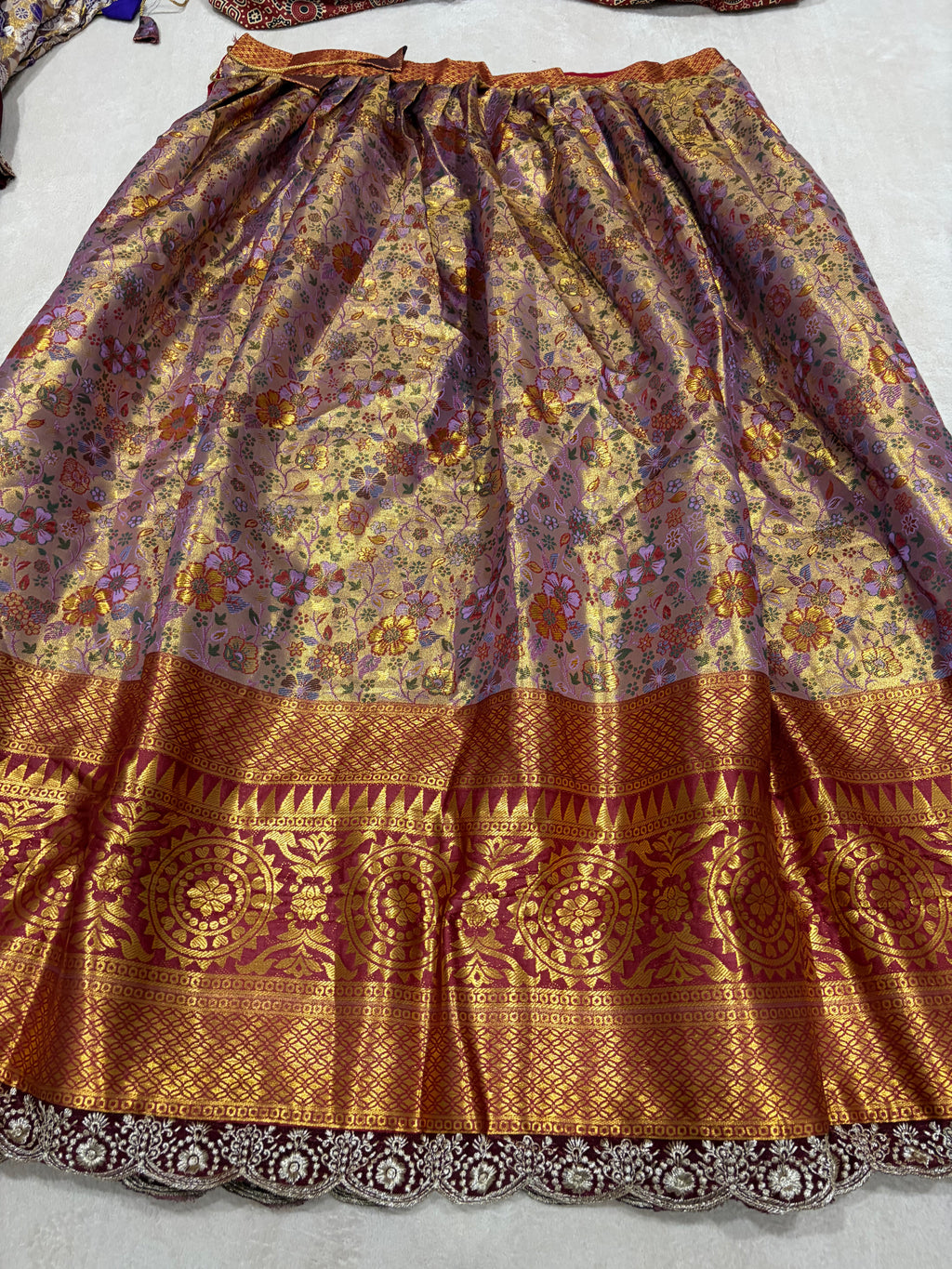 Lavender Gold Semi Kanjivaram Silk Lehenga - Multicolour Floral Zari Jaal Close Up