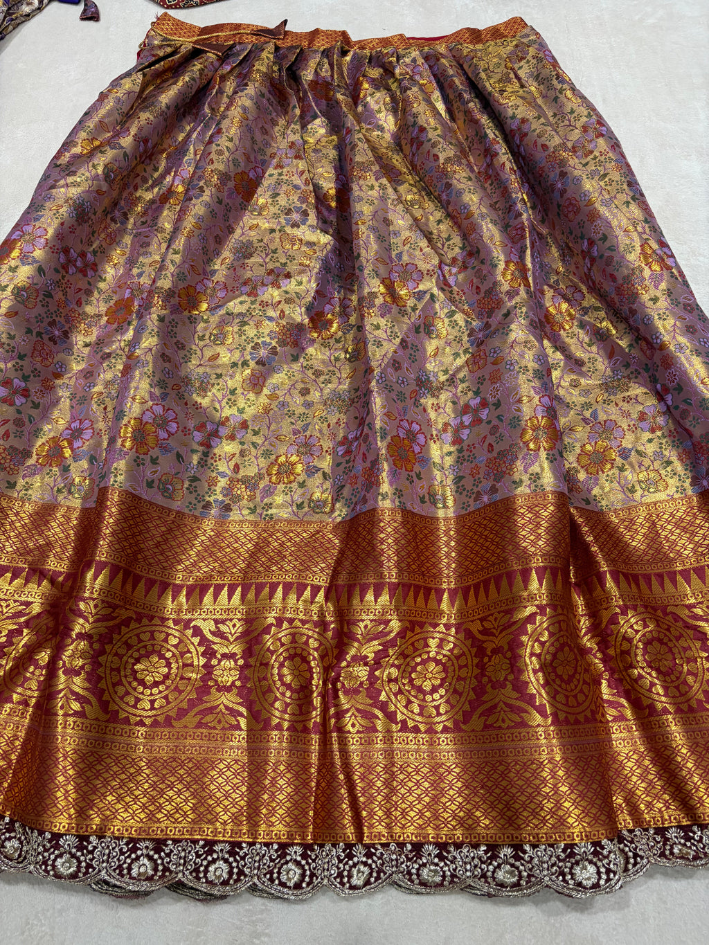 Lavender Gold Semi Kanjivaram Silk Lehenga - Deep Maroon Medallion Zari Border Detail