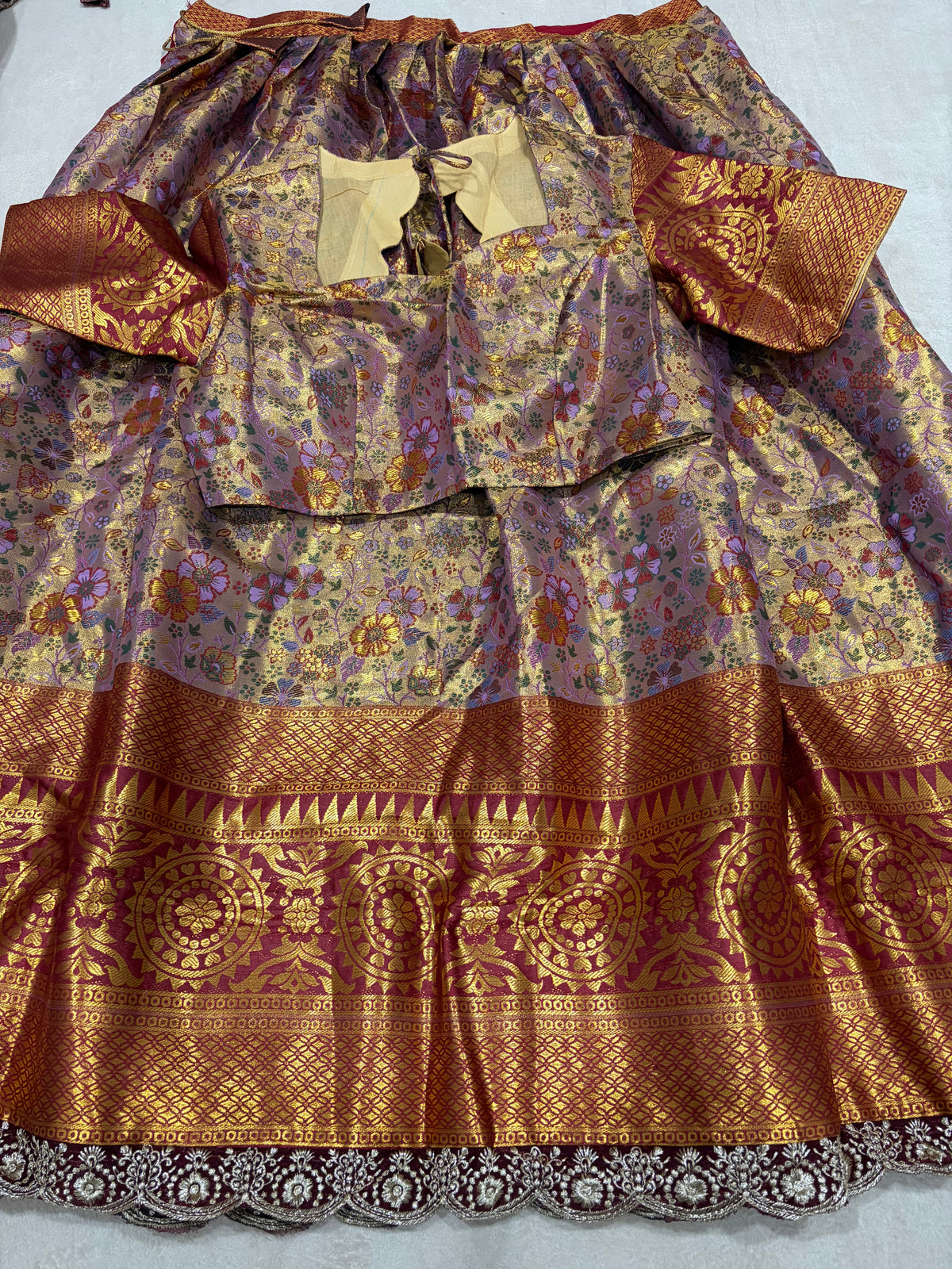 Lavender Gold Semi Kanjivaram Silk Lehenga Set with Blouse - Full Flat Lay