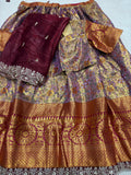 Lavender Gold Semi Kanjivaram Silk Lehenga Set with Maroon Embroidered Dupatta - Complete Set
