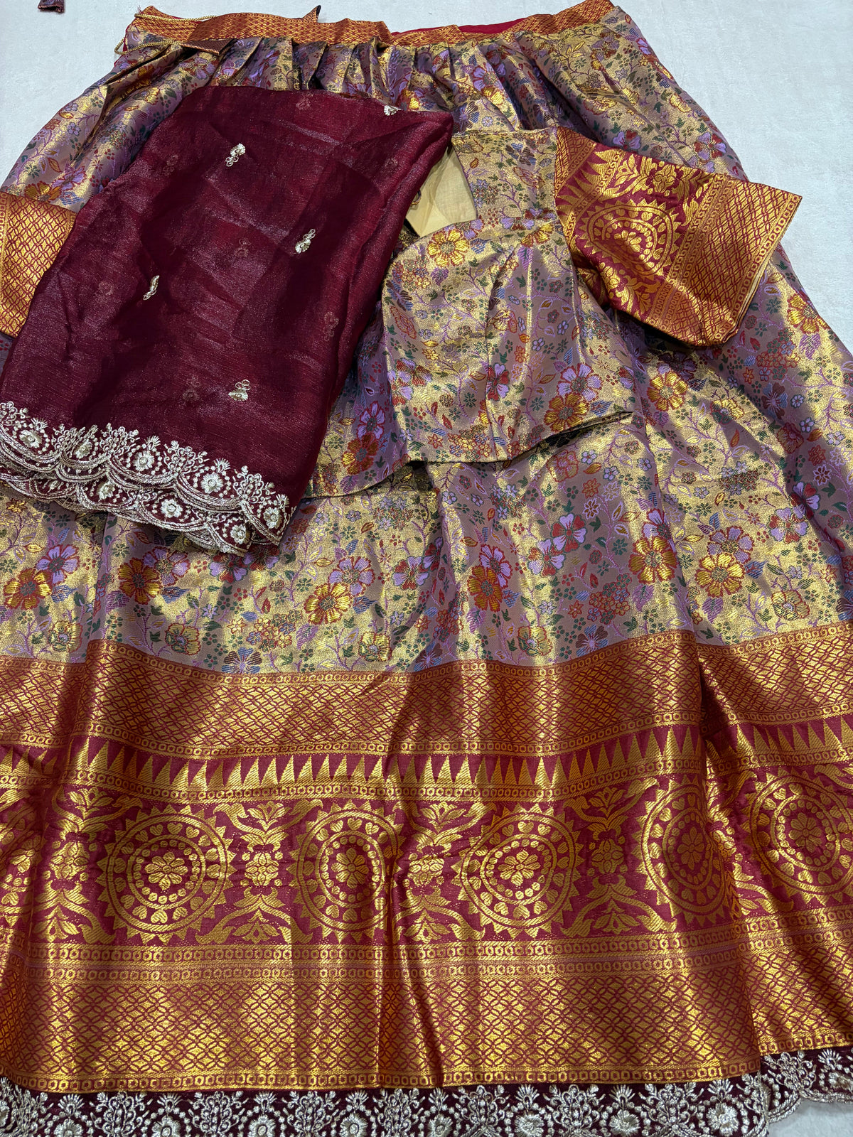 Lavender Gold Semi Kanjivaram Silk Lehenga Set with Maroon Embroidered Dupatta - Complete Set