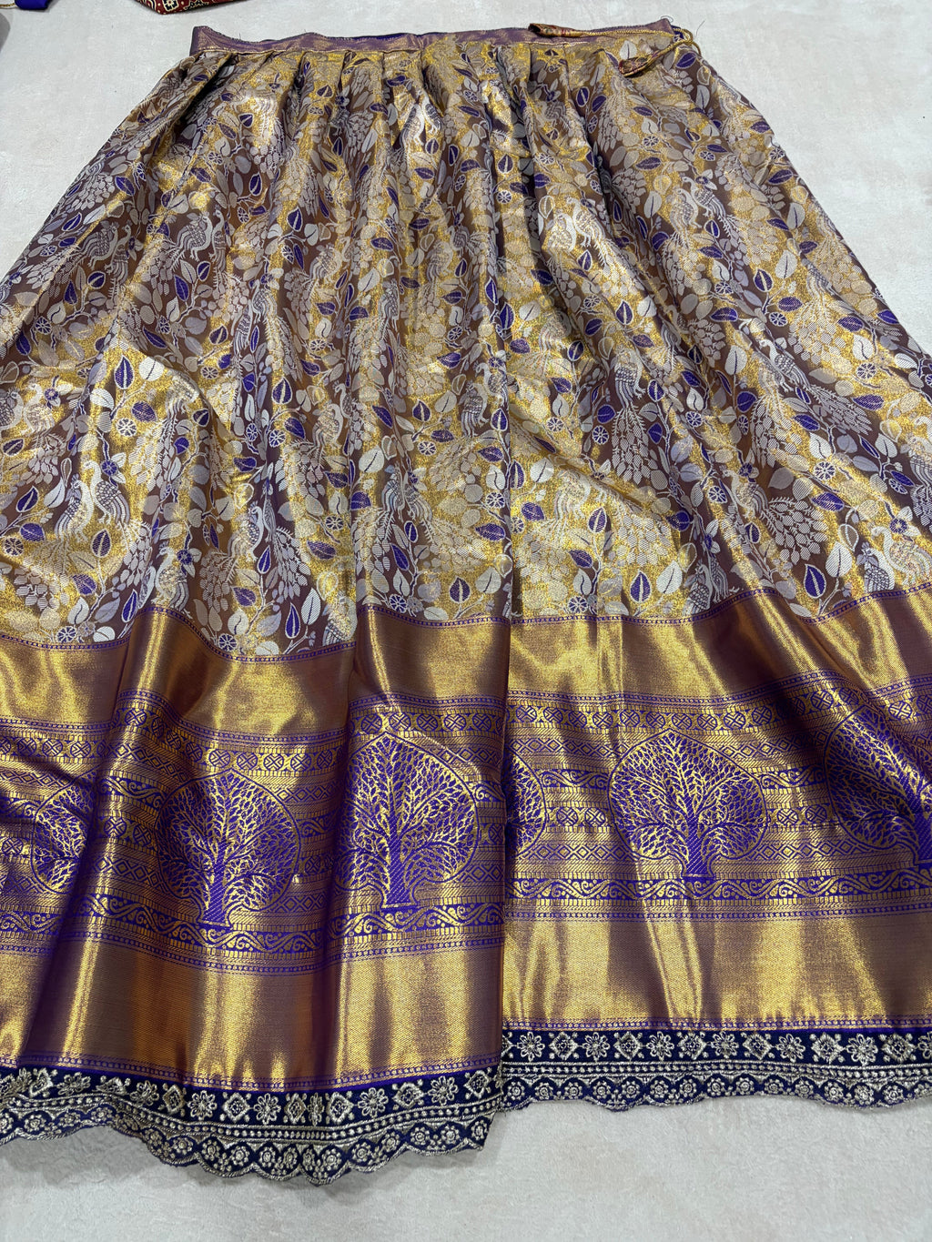 Mauve Gold Semi Kanjivaram Silk Lehenga - Peacock Floral Zari Jaal Close Up
