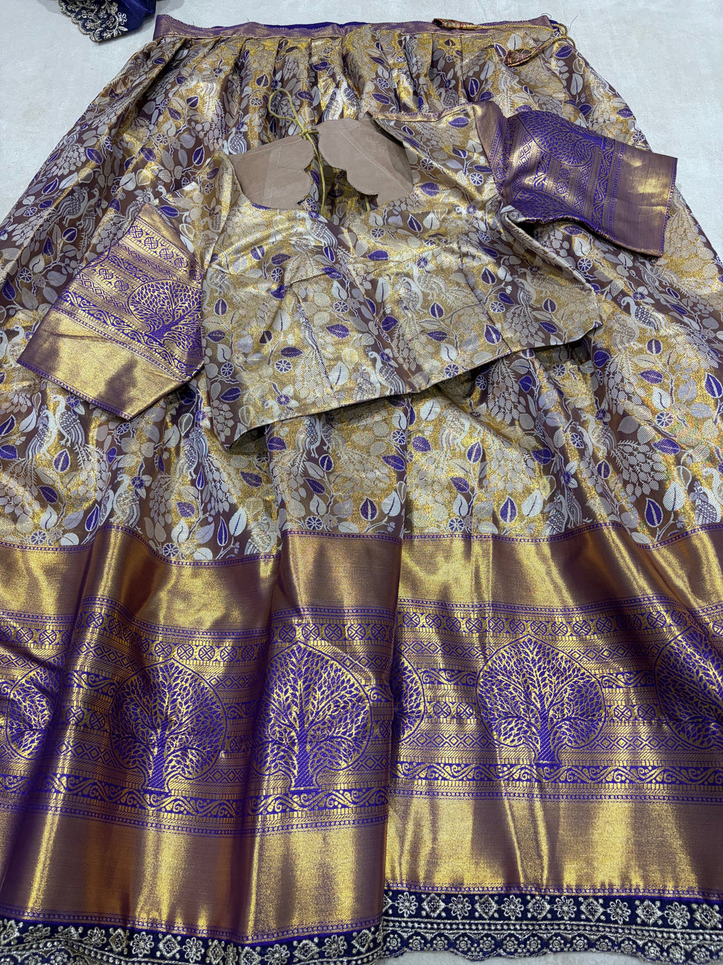 Mauve Gold Semi Kanjivaram Silk Lehenga Set with Blouse - Tree of Life Purple Zari Border Detail