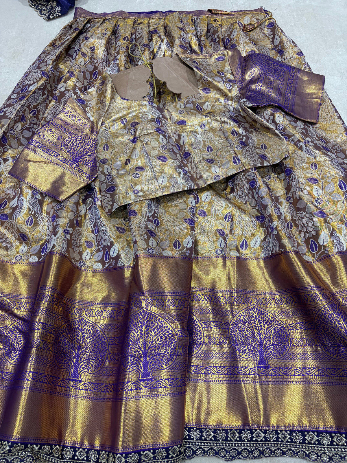 Mauve Gold Semi Kanjivaram Silk Lehenga Set with Blouse - Tree of Life Purple Zari Border Detail