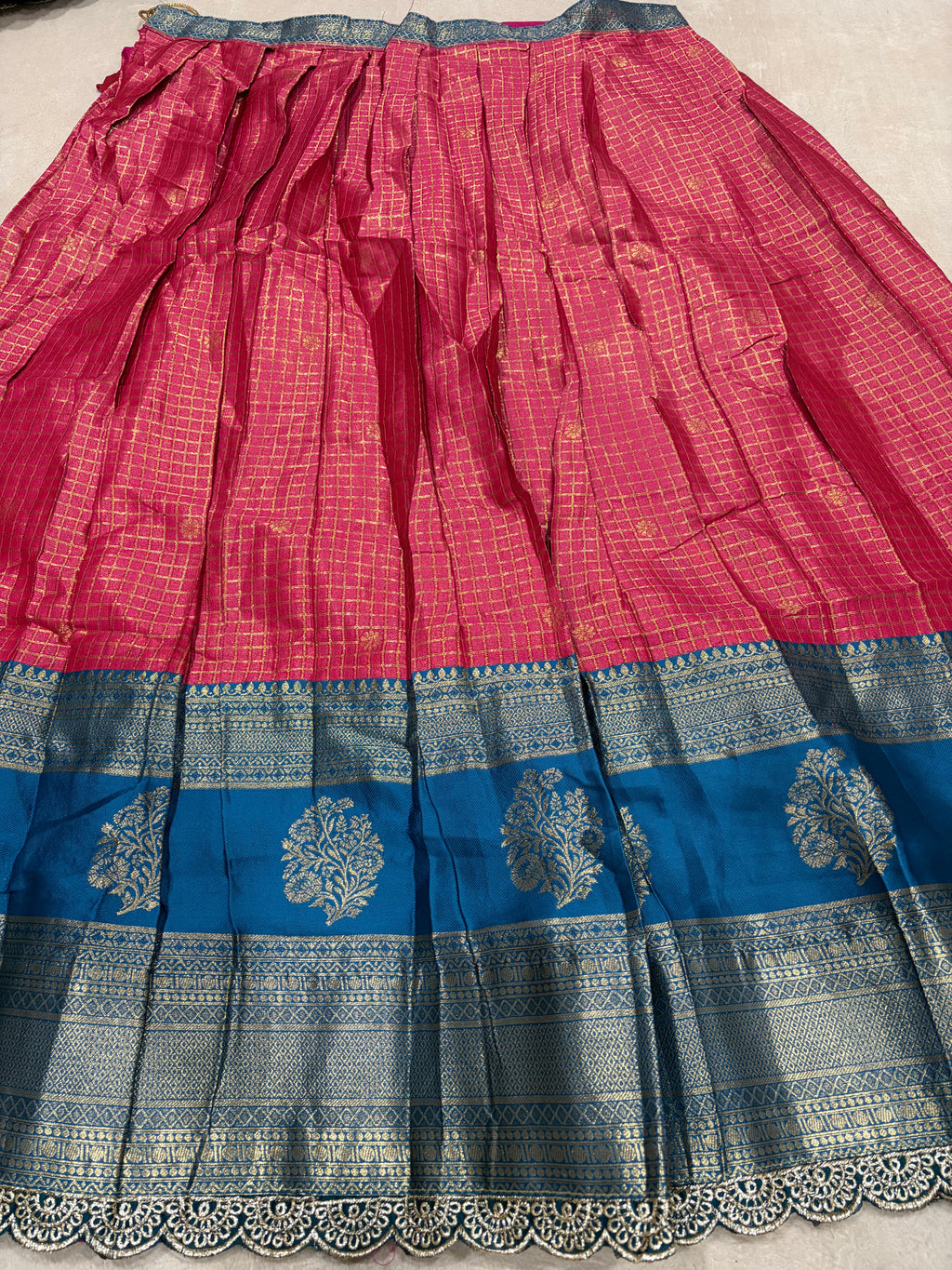 Hot Pink Kanchi Cotton Silk Lehenga - Teal Blue Gold Floral Bouquet Zari Border Close Up