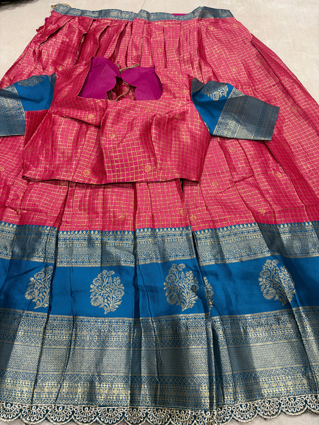 Hot Pink Kanchi Cotton Silk Lehenga Set with Blouse - Full Flat Lay