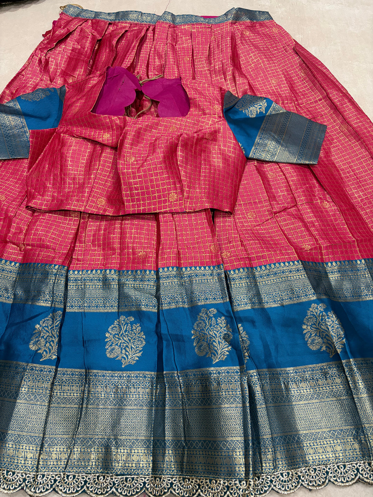 Hot Pink Kanchi Cotton Silk Lehenga Set with Blouse - Full Flat Lay