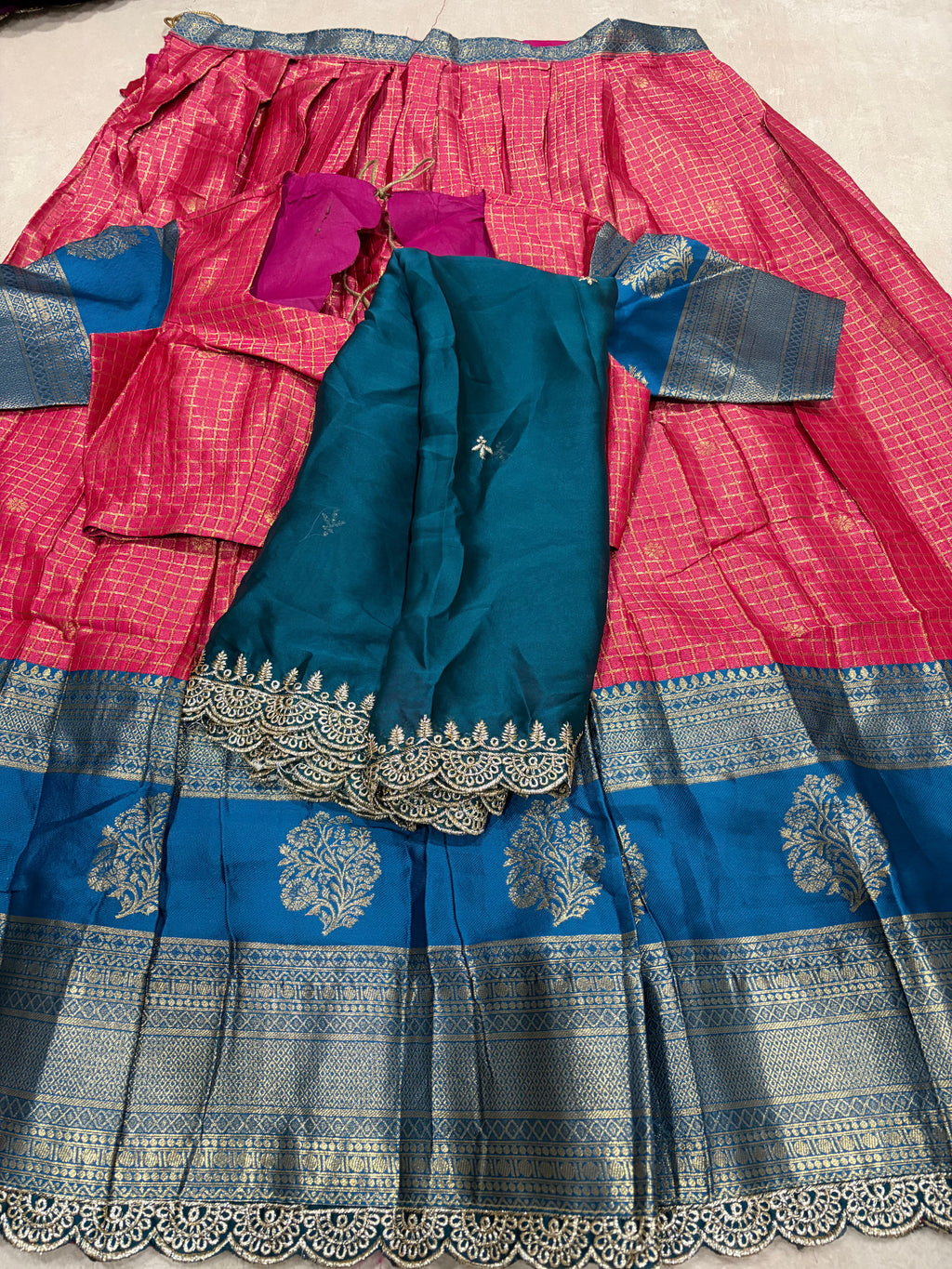 Hot Pink Kanchi Cotton Silk Lehenga Set with Teal Dupatta & Blouse - Complete Flat Lay