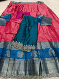 Hot Pink Kanchi Cotton Silk Lehenga Set with Teal Dupatta & Blouse - Complete Flat Lay