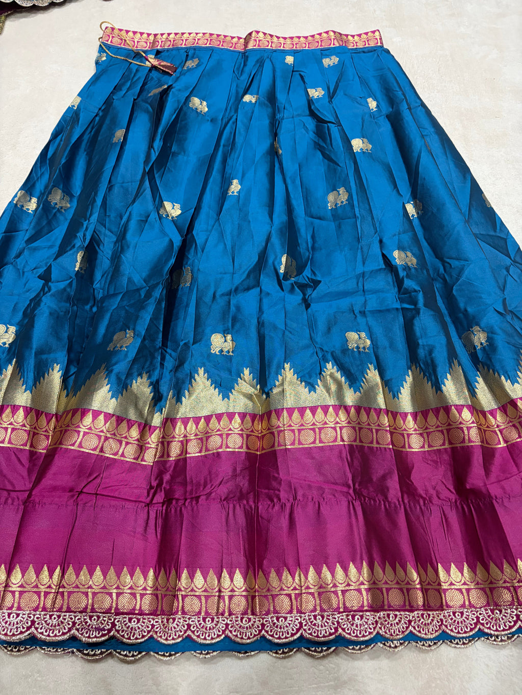 Purple Kanchi Cotton Silk Lehenga - Teal Blue Gold Temple Zari Border Close Up