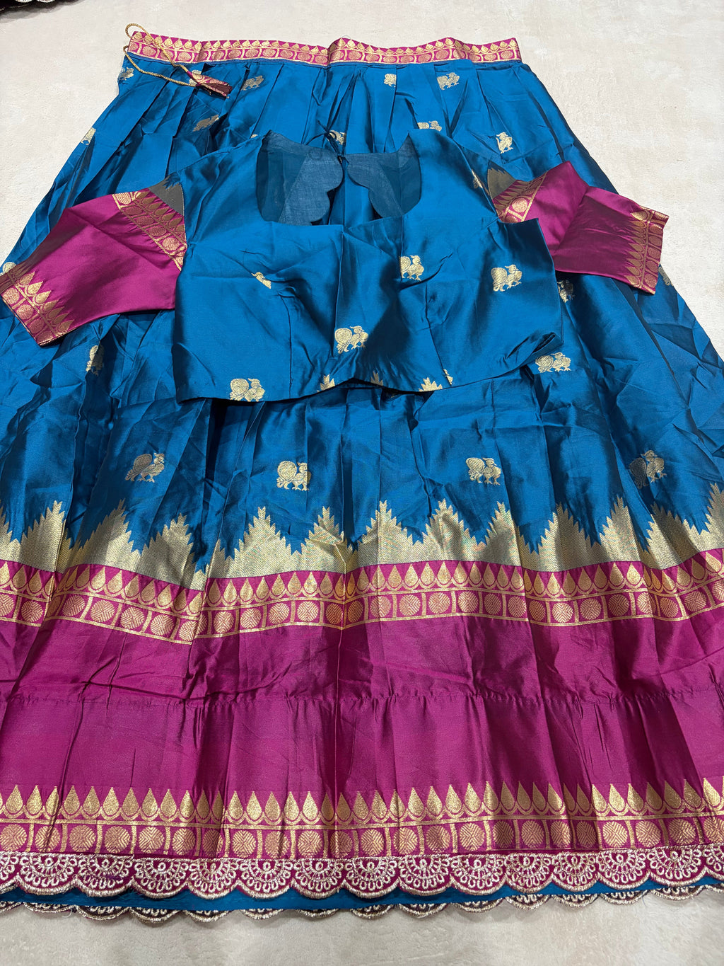 Purple Kanchi Cotton Silk Lehenga Set with Teal Blouse - Full Flat Lay
