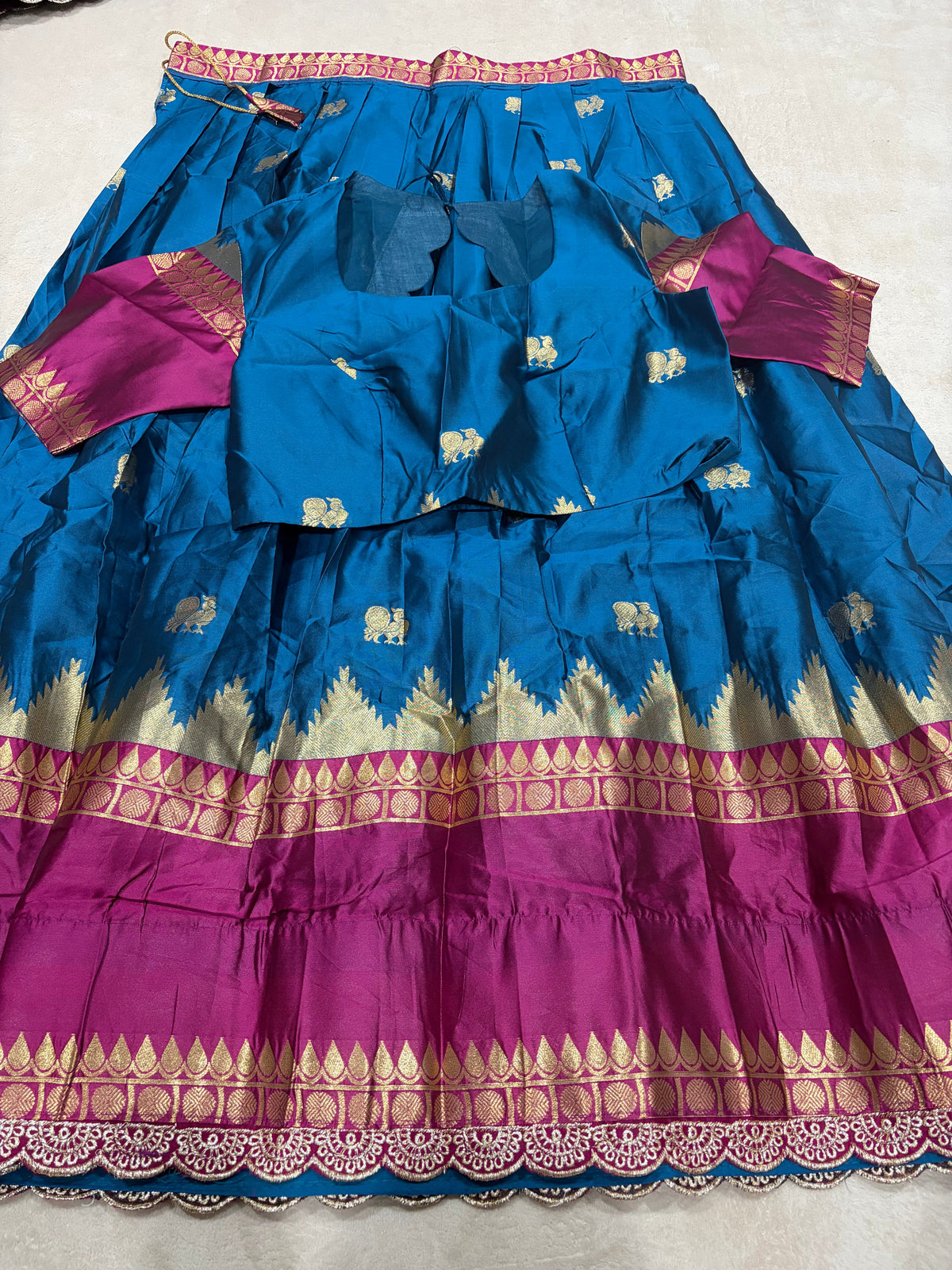 Purple Kanchi Cotton Silk Lehenga Set with Teal Blouse - Full Flat Lay